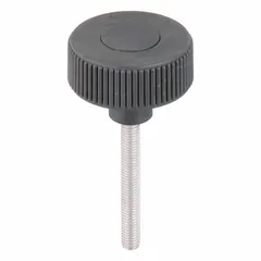 Knurled knob with threaded stud for manual clamping, positioning, and adjustment on machinery and fixtures. Features a gray plastic body with a stainless steel M8 threaded stud, 50 mm diameter, and 60 mm thread length. Knurled surface provides secure grip for hand tightening without tools.