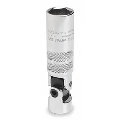 This 3/8 in drive SAE flex spark plug socket features a 5/8 in, 6-point standard chrome design. The flex joint enables access to spark plugs in confined engine compartments, providing a secure grip for removal and installation.