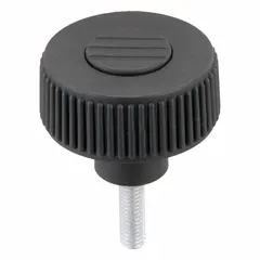 Knurled knob with threaded stud for manual adjustment and clamping. Plastic body with steel thread insert. M6 thread, 20 mm thread length, 40 mm diameter, gray color.