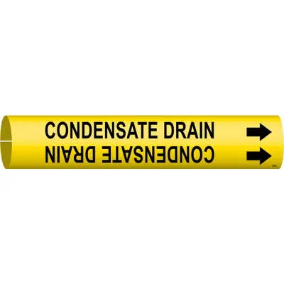 BRADY Pipe Marker: Condensate Drain, Yellow, Black, Fits 1 1/2 to 2 3/8 in Pipe O.D. - Condensate Drain Snap-On Pipe Markers