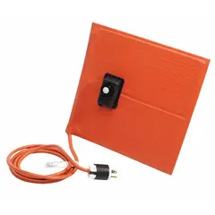 Fiberglass-reinforced silicone rubber heating blanket with grounded metal construction. Measures 36 in overall length, 12 in overall width, and 3/16 in thickness. Maximum operating temperature 218°C. Moisture-resistant and does not require a controller. Suitable for direct surface heating on process equipment, pipe tracing, and freeze protection.