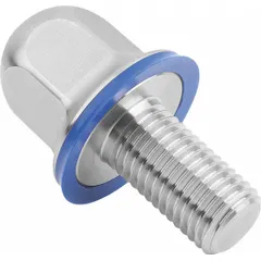 Fully threaded M8 crowned flanged hex head bolt made from Grade 316L stainless steel. Includes an FDA-approved pre-mounted sealing washer for hygienic sealing. Suitable for use in sanitary environments requiring corrosion resistance and cleanability.
