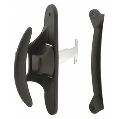 This sliding handle and latch kit is designed for screen door applications, providing a mechanism to secure and operate the door. It features a black, unfinished finish and measures 4 3/16 in overall height and 4 3/16 in overall length.