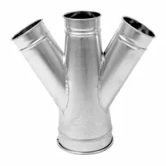 Steel double branch fitting for 10 in duct diameter, with a 30° branch angle and 29 in overall length. Used to split a main duct into two branch lines in industrial ventilation, dust collection, and material handling systems.