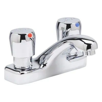ZURN Low Arc Bathroom Faucet: AquaSpec, Centerset, Brass, Chrome Finish, 1 gpm Flow Rate - Centerset Push-Button Metering Bathroom Faucets