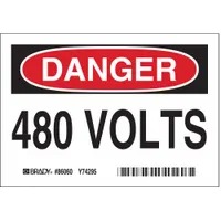Adhesive-mounted polyester sign warning of 480 volt danger. Nominal size 3 1/2 in x 5 in, 0.01 in thick. Not retroreflective, no glow-in-the-dark or anti-slip surface. Supplied in packs of 5. Suitable for marking electrical hazards in industrial environments