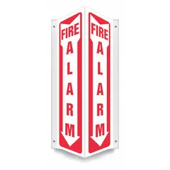 V-shape projection fire alarm sign with mounting holes for wall or post attachment. Nominal size 18 in x 7 1/2 in, 0.06 in thick. Not retroreflective and does not glow in the dark. Suitable for marking fire alarm locations in industrial and commercial facilities.