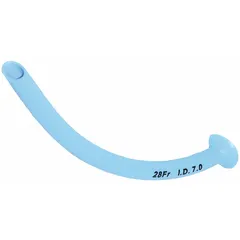 Disposable nasopharyngeal airway made of white neoprene. Catheter size 28 Fr, overall length 6 7/8 in, overall width 3 3/8 in. Used to maintain an open airway during medical procedures.
