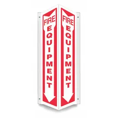 This V-shape projection fire equipment sign is made of PETG with a nominal size of 24 in x 7 1/2 in and a thickness of 0.06 in. It features mounting holes for installation and is not retroreflective, does not glow in the dark, and has no anti-slip surface. Commonly used to mark the location of fire extinguishers or hoses in industrial settings.