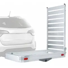 This foldable aluminum cargo carrier is designed for Class IV hitches and includes an integrated ramp for loading motorcycles, lawn equipment, or other bulky items. Its silver finish and corrosion-resistant construction suit outdoor transport needs. Overall height is 4 inches.