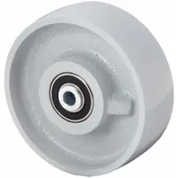 This steel tread wheel is designed for heavy-duty caster applications in material handling carts, platform trucks, and tow lines. It features a 6 in diameter, 2 in width, and a 2,500 lb load rating. The wheel is made of steel with a gray finish and does not include a spanner bushing