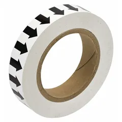 This vinyl pipe marker tape features a white background with black directional flow arrows. It is 1 inch wide and 90 feet long (1,080 inches total), non-reflective, and designed for banding around pipes to indicate flow direction in industrial piping systems.