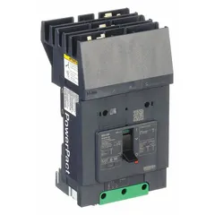3-pole molded case circuit breaker rated 100 A at 525V AC with a maximum interrupting rating of 100kA at 240V AC. Features fixed instantaneous trip, ABC phase connection, and I-Line ON End terminal connection. Suitable for use in power distribution panels and industrial electrical systems for overload and short-circuit protection.