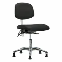 This armless cleanroom chair is ESD-safe and rated for ISO 5 environments. It features a vinyl seat with 19-inch width and 18-inch depth, an aluminum base with five glides, and a height range of 19 to 24 inches. Back tilt adjusts 10.5° forward and 13.5° backward