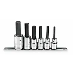 This 25-piece hex bit socket set features a 1/2 in drive size and tip sizes ranging from 6 mm to 17 mm. The set includes 6 pieces and is designed for driving hex fasteners in industrial assembly, maintenance, and repair applications.