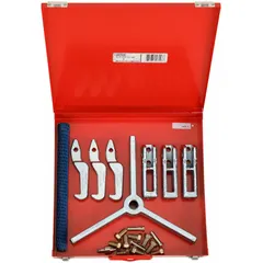 Reversible jaw puller with 12 in jaw spread, 5 in jaw reach, and 0.35 in jaw thickness. 10 ton pulling capacity. Used for removing gears, bearings, pulleys, and other press-fit components in industrial maintenance and repair.
