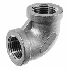 This 90° elbow fitting connects two female NPT threaded pipes of different sizes, allowing a change in flow direction in low-pressure systems. It is suitable for use in industrial plumbing, pneumatic lines, and process piping where space constraints require a compact turn. The fitting has a maximum operating pressure of 150 psi.