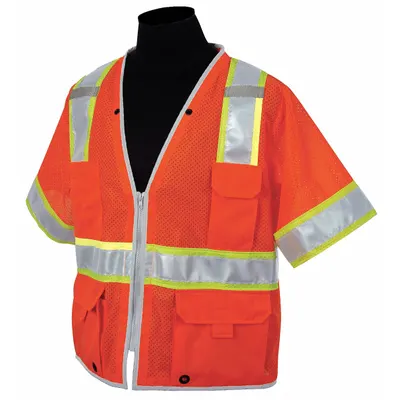 KISHIGO Class 3 U-Back Vest, 5XL, Orange, Mesh Polyester, Zipper, Single Stripe - Class 3 U-Back Vests