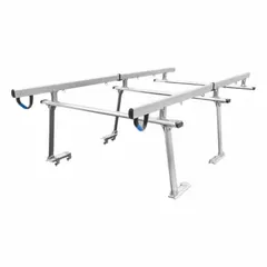 This APEX truck bed rack is constructed of silver aluminum and measures 134 inches in length, 66-1/2 inches in width, and 38 inches in height. It features an adjustable design to accommodate various loads. Typical applications include transporting long or bulky items such as ladders, lumber, and pipes on a pickup truck.