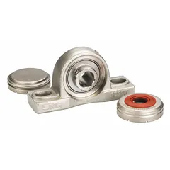 This NTN food-grade pillow block ball bearing features a stainless steel housing and set screw locking. It has a 2 7/16 in bore, 2 47/64 in shaft height, 9.488 in overall length, and a maximum speed of 1,900 RPM. Mounting bolt size is 5/8 in. Meets FDA standards for use in washdown environments.