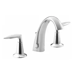 Brass widespread handle bathroom faucet with polished chrome finish and gooseneck spout. Flow rate of 1.2 gpm. Suitable for residential and commercial bathroom sinks.