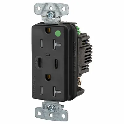 HUBBELL Receptacle: Duplex, 5-20R, 2 USB Ports, USB Type A/C, Black, 125V AC - Hospital-Grade Receptacles with USB Chargers