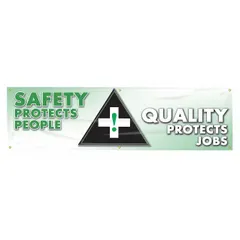This poly sheeting banner is printed on one side with a safety message. Suitable for indoor and outdoor use, it measures 28 inches by 96 inches. Commonly used in industrial facilities to reinforce safety culture.