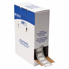 Polyolefin white matte precut sleeve label roll measuring 1 in x 21/32 in, designed for wire gauges 4 AWG to 8 AWG. Compatible with BMP71 printer series for on-demand wire identification and marking in electrical panels, machinery, and control systems.