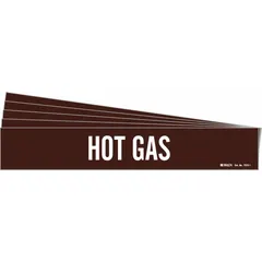Brown pipe marker with white 'Hot Gas' legend, without arrows. Fits pipe outer diameters from 2-1/2 to 7-7/8 inches. Supplied as a 5-pack with one marker per pack. Used to identify hot gas lines in industrial piping systems.