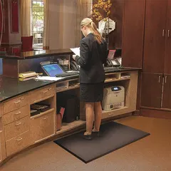 This 4 ft x 75 ft black nitrile foam mat is 3/4 in thick with oil and grease resistance and an anti-slip backing. Designed to reduce fatigue from prolonged standing, it is suitable for industrial workstations, assembly lines, and commercial kitchens where wet or oily conditions are present.