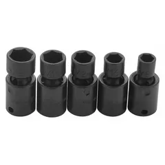 This SAE impact socket set includes five sockets: 3/8 in, 7/16 in, 1/2 in, 9/16 in, and 5/8 in. Designed for use with impact tools in fastening and loosening nuts and bolts in automotive repair, heavy equipment maintenance, and industrial assembly.