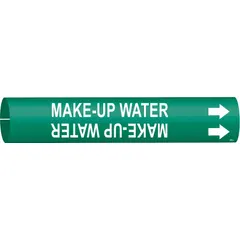 Snap-on pipe marker for identifying make up water lines in piping systems. Green background with white legend and directional arrows. Fits pipe outer diameters from 3/4 to 1-3/8 inches. Single marker included.