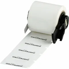 Polyester precut label roll in black/white with two sizes: 3/4 in x 1 1/2 in and 1 1/2 in x 3/4 in. Features a halogen-free acrylic adhesive. Compatible with BMP61 printer series. Used for inspection marking in industrial quality control workflows.