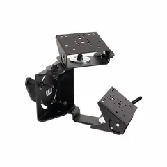 This pillar computer mount is designed for forklifts, attaching to the overhead guard leg to secure tablets. The black mount includes dual arms and helps reduce potential blind spots caused by multiple mounts on the forklift.