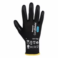 ANSI Cut Level A7 cut-resistant gloves with foam nitrile coating on palm and fingers. Features reinforced thumb crotch and touchscreen compatibility. Black knit material. Suitable for handling sharp materials in metal fabrication, glass handling, and automotive assembly