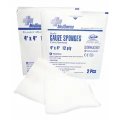 MEDSOURCE sterile gauze sponges are designed for wound cleaning, packing, and absorption in medical and first-aid settings. Each sponge measures 4 inches by 4 inches and is made of white, latex-free gauze. Supplied as a unitized 600-pack in a box, these sponges meet FDA standards and are not self-adhering or water resistant.