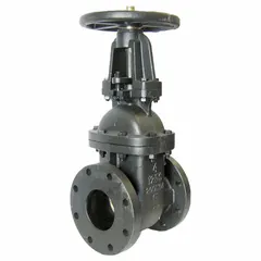 This 2-inch nominal size cast iron gate valve features an outside screw and yoke (OS&Y) design with a wheel operator. The wedge and bonnet are cast iron. Suitable for general-purpose flow control in piping systems, providing reliable shut-off for water, oil, or gas.
