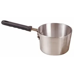 Aluminum sauce pan with straight body, silver finish, and riveted silicone handle. 4.5 qt capacity. NSF certified. Suitable for simmering sauces, boiling liquids, and preparing small batches of soups or vegetables in commercial kitchens.