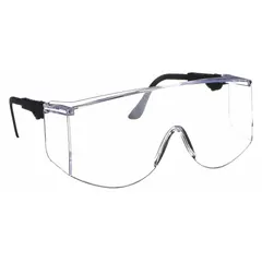 Frameless, scratch-resistant safety glasses with clear lenses and black frame. Metal-detectable design suitable for environments requiring contamination control. Universal size with adjustable comfort-fit for over-glasses (OTG) use. Typical applications include industrial eye protection in machining, material handling, and food processing.