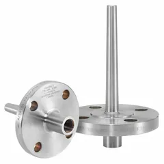 Flanged thermowell for temperature sensor protection in industrial processes. Stainless steel construction with 12 in stem length and 10 in insertion length. Rated for 275 psi at <100°F and 1,000°F at 20 psi.