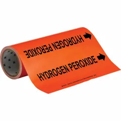 Orange adhesive pipe markers with black legend reading 'Hydrogen Peroxide', designed for pipes with outer diameter 2-1/2 to 6 inches. Each roll contains 30 markers with directional arrows for flow indication. Used to identify pipes carrying hydrogen peroxide in industrial facilities.