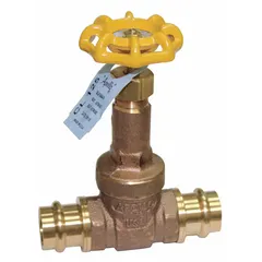 This APOLLO gate valve is a 3/4 in non-rising stem bronze valve with press x press connections, rated for 200 psi CWP. It features a bronze wedge and bronze bonnet, with a wheel handle for manual operation. Designed for potable water systems, it is commonly used in commercial and residential water shut-off applications where space is limited.
