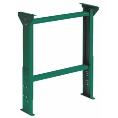 This permanent mount H-style conveyor support stand is constructed from steel with a green finish. It is designed for a 55-inch between frame width and provides a minimum height of 17 1/8 inches. Suitable for fixed conveyor support in material handling lines.