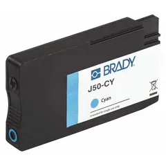 Cyan ink cartridge for use with Brady J5000 printer series. Designed for industrial labeling applications including asset tags, pipe markers, and safety signs.