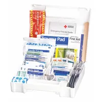 This general purpose first aid kit is housed in a white plastic, wall-mountable case and contains 138 components, including 60 adhesive bandages, 8 gauze pads, 10 alcohol wipes, and 2 motion sickness relievers. It serves up to 10 people and is OSHA compliant. Suitable for use in vehicles such as cars, trucks, or fleet vehicles