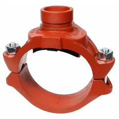 This outlet pipe clamp is a ductile iron fitting with an EPDM seal, designed for grooved piping systems. It connects three pipes, providing a branch outlet in applications such as fire protection, HVAC, and industrial water lines. Rated for a maximum operating pressure of 300 psi at 150°F.