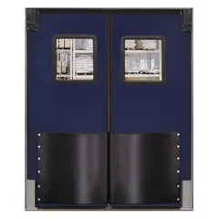This 1-PR insulated swinging door set includes two doors, each 5 ft wide by 7 ft high, with a textured polycarbonate window. Door seals, bumpers, and mounting hardware are included. NSF-listed, it is suited for cold storage, food processing, and industrial facilities requiring thermal efficiency and hygiene.
