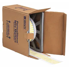 Precut sleeve label roll made of polyolefin with a yellow matte finish. Each label measures 1/8 in x 2 in and is designed for wire gauges 16 AWG to 22 AWG. Compatible with the i5100 printer series. Used for wire and cable identification in industrial environments.