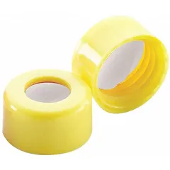This yellow polypropylene screw cap features a PTFE/silicone liner and a 9 mm closure size. It is autoclavable and designed for sealing narrow-mouth laboratory containers, providing chemical resistance and a secure seal for sample storage and handling.