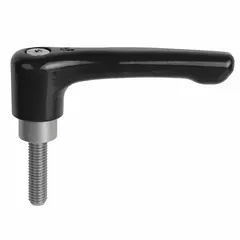 This straight teardrop-style adjustable handle from KIPP features a zinc body with steel thread. It has an overall length of 80 mm, a 3/8"-16 thread size, and a 40 mm thread length. Designed for clamping, positioning, and adjusting machinery components in industrial jigs, fixtures, and workholding applications.